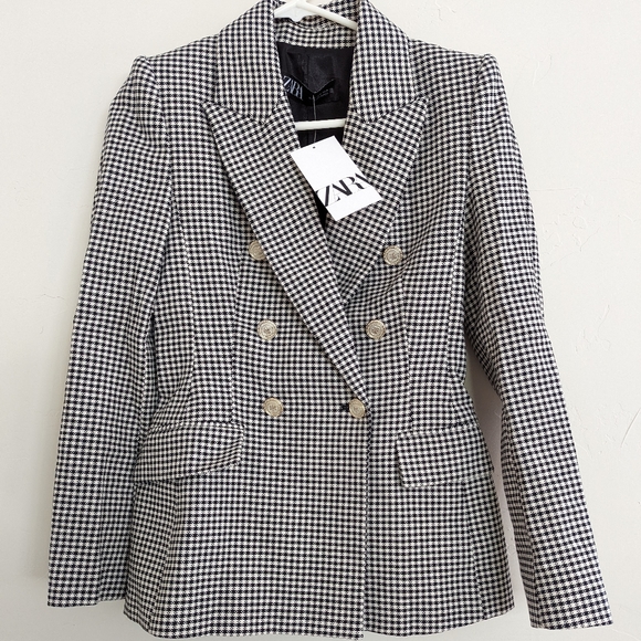 COPY - ZARA NWT CHECKERED HOUNDSTOOTH BLAZER GOLD BUTTONS BLACK WHITE - Picture 11 of 16